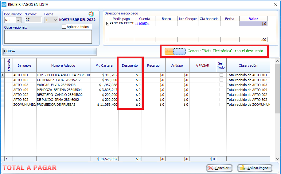 notas pagos en lote